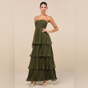 NWT Lulus Seriously Sensational Olive Green Strapless Tiered Maxi Dress
